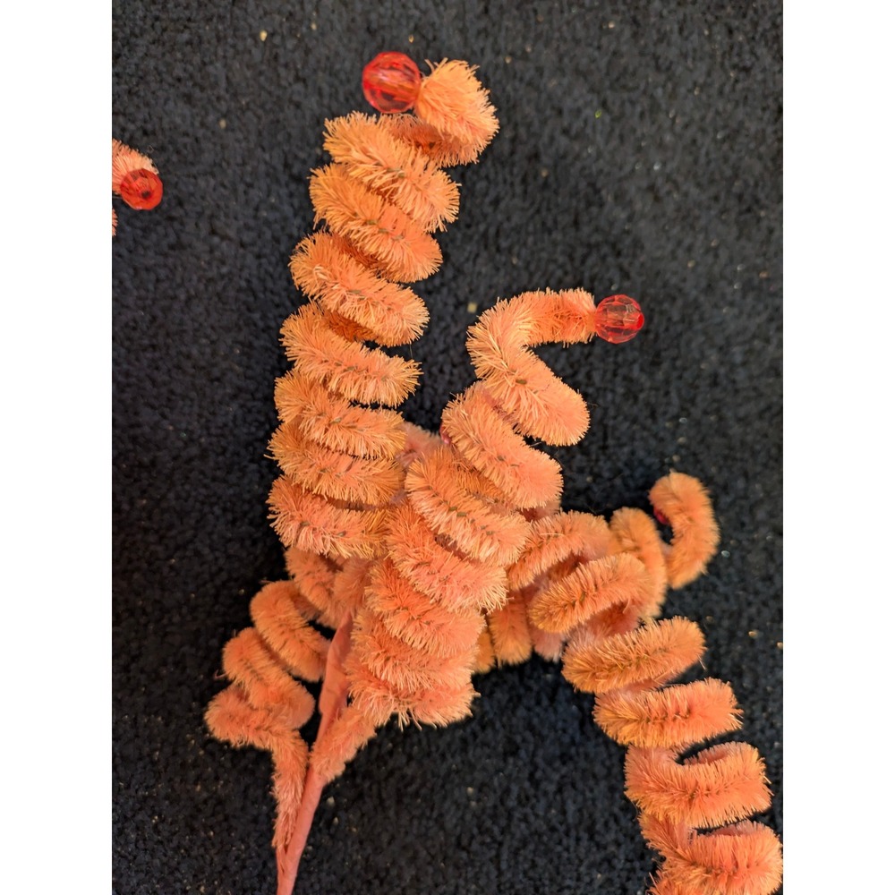 6 Vintage Chenille Spiral Floral Stems Pink Orange Green Beaded Christmas Crafts - Picture 10 of 12